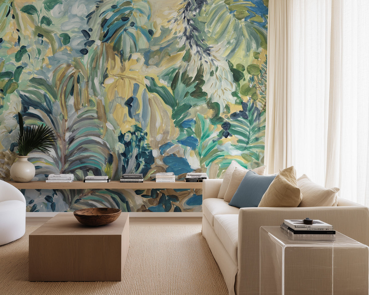 Abstract Botanical Wallpaper Mural in Emerald Green by Olive et Oriel