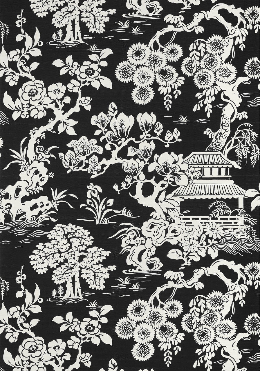 Japanese Garden wallpaper in Black by Natty & Polly, close-up of the pattern and texture