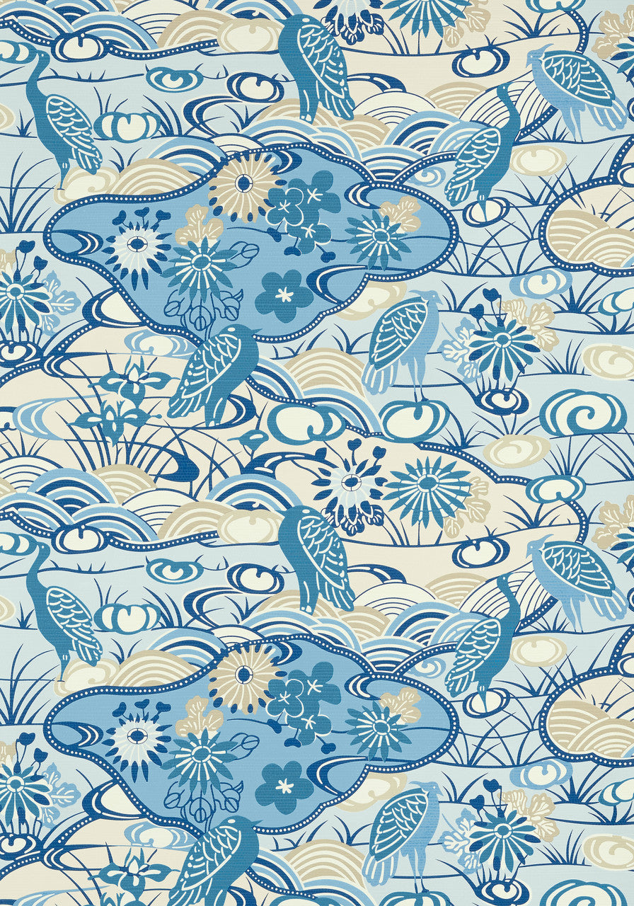 Heron Stream wallpaper in Blue by Natty & Polly, close-up of the pattern and texture