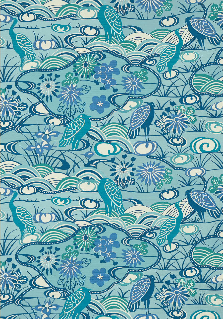 Heron Stream wallpaper in Turquoise by Natty & Polly, close-up of the pattern and texture