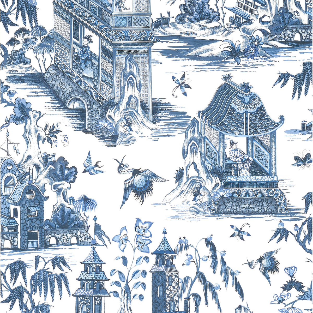Grand Palace wallpaper in Blue / White by Natty & Polly, full pattern view