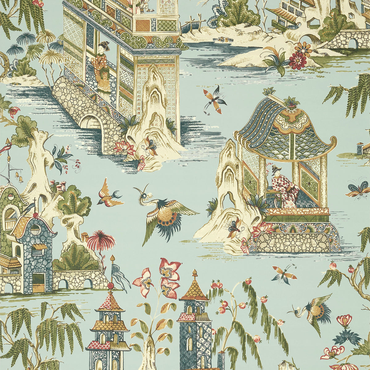 Grand Palace wallpaper in Mist by Natty & Polly, full pattern view