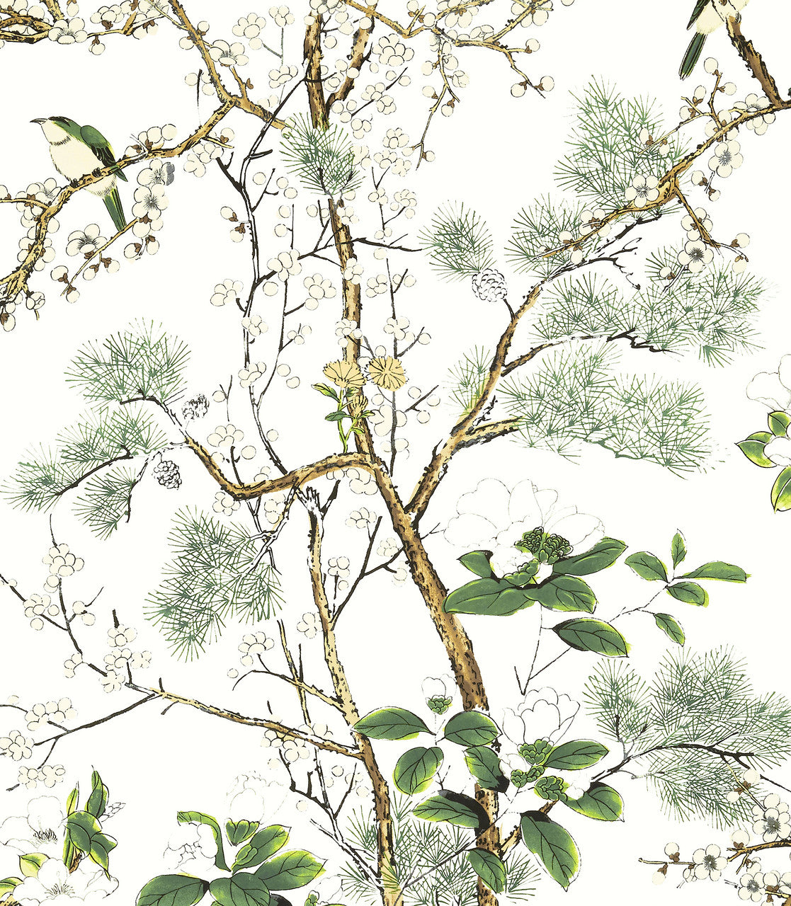 Katsura wallpaper in Green / White by Natty & Polly, full pattern view