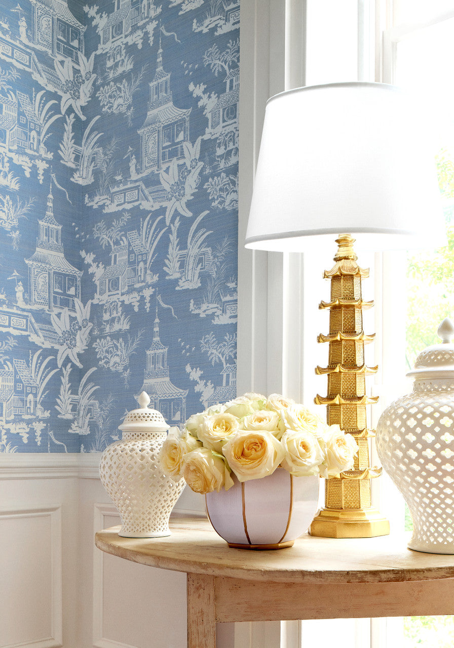 Empress Court wallpaper in Blue by Natty & Polly, close-up of the pattern and texture