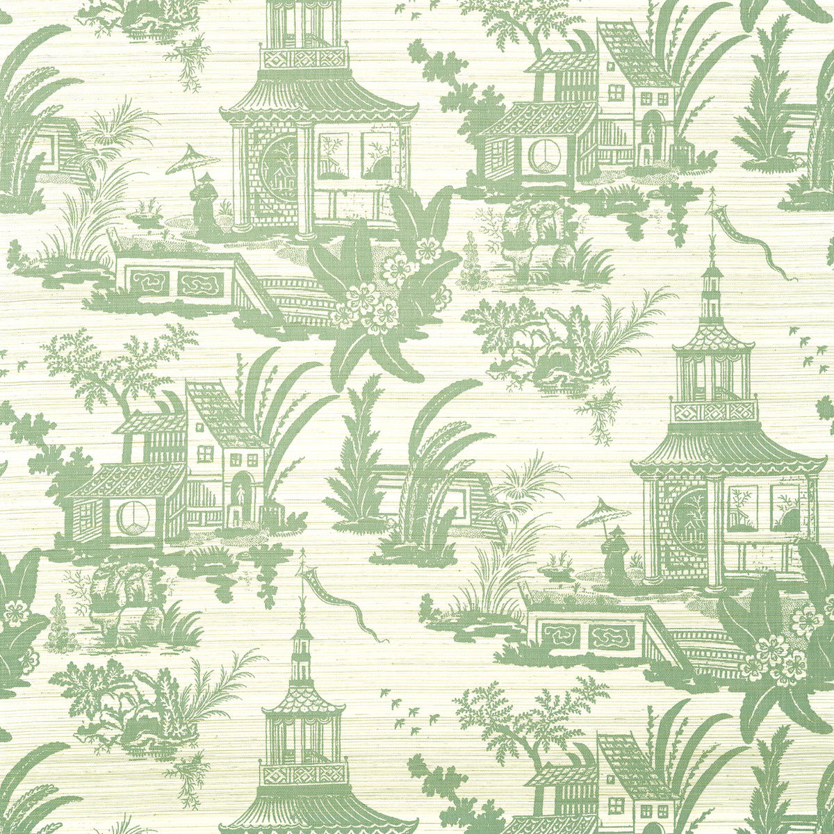 Empress Court wallpaper in Green by Natty & Polly, full pattern view