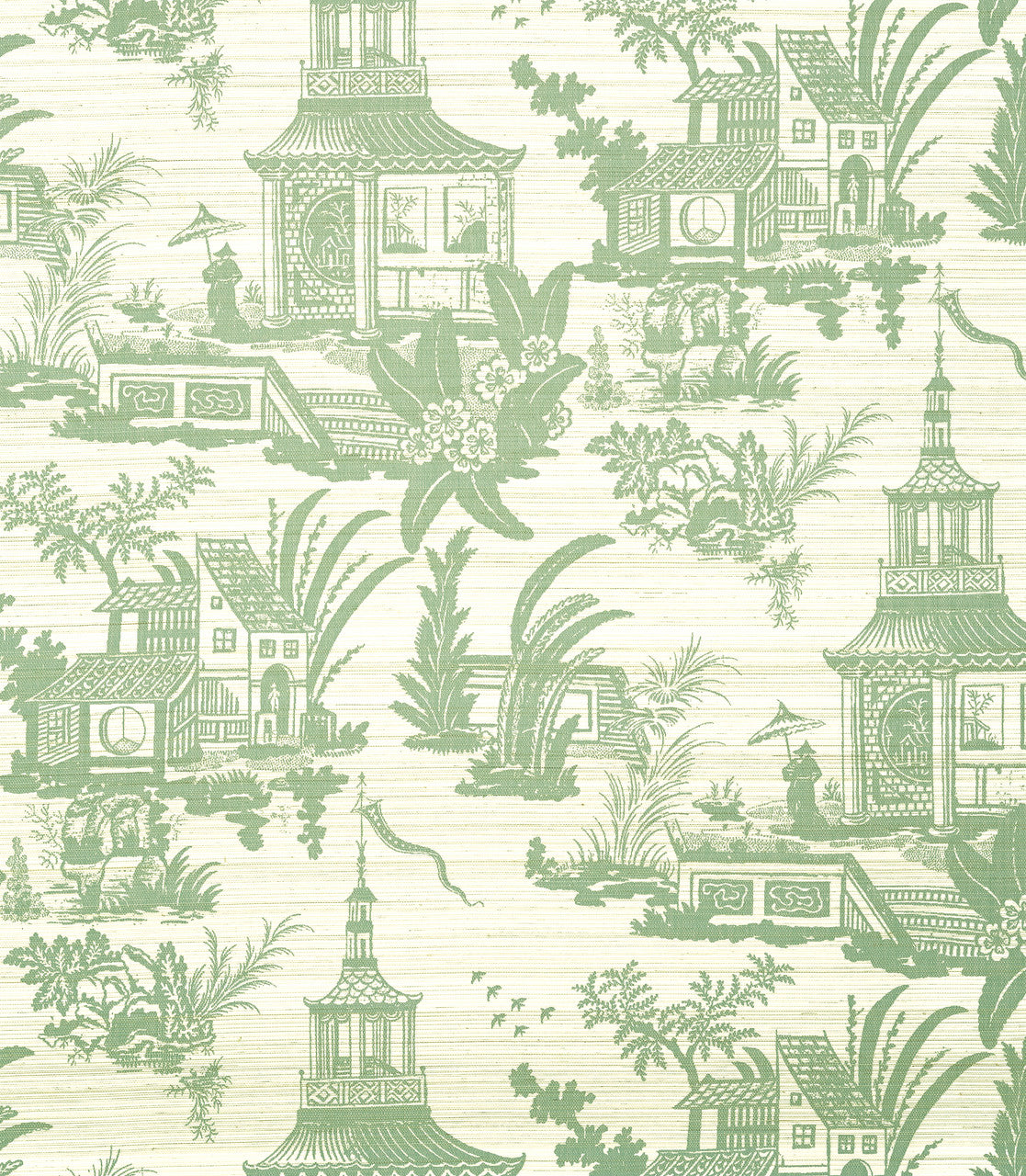 Empress Court wallpaper in Green by Natty & Polly, full pattern view