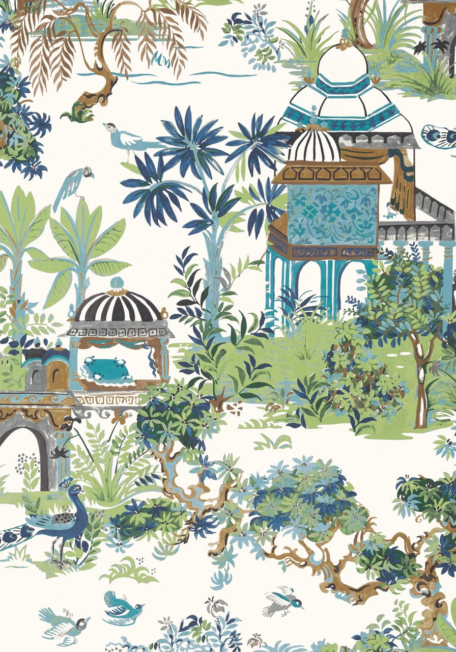 Mystic Garden wallpaper in Blue / Green by Natty & Polly, close-up of the pattern and texture