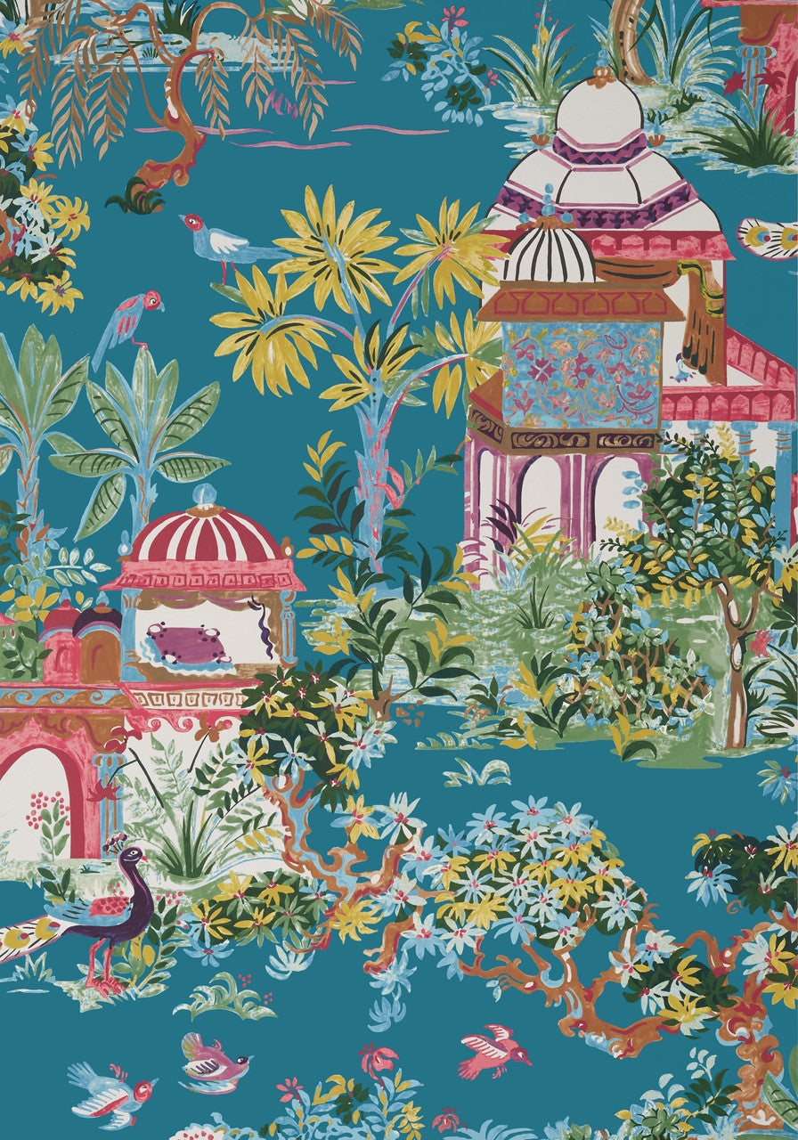 Mystic Garden wallpaper in Teal by Natty & Polly, close-up of the pattern and texture