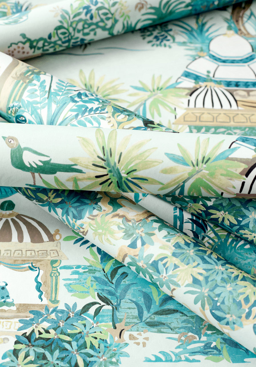 Mystic Garden wallpaper in Spa Blue by Natty & Polly, full pattern view