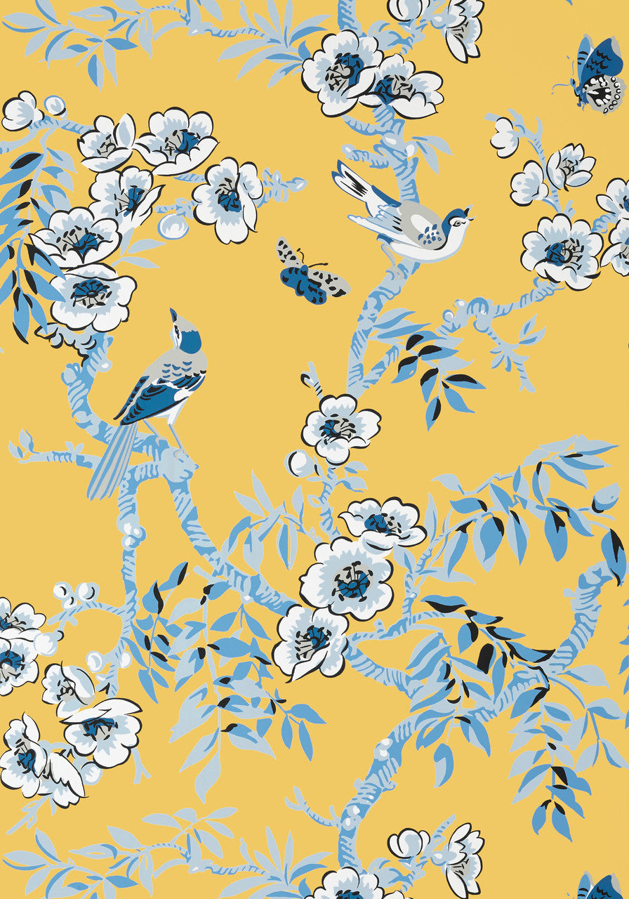 Yukio wallpaper in Yellow by Natty & Polly, close-up of the pattern and texture