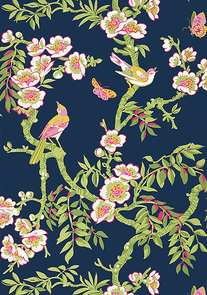 Yukio wallpaper in Navy / Pink by Natty & Polly, full pattern view