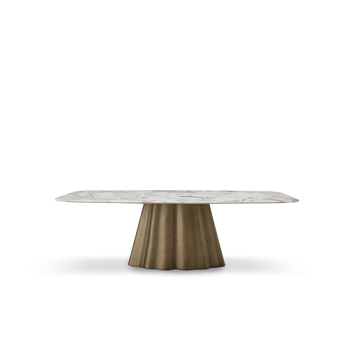 Maison Debrah Gralor oval white marble dining table on a lobed brass pedestal base