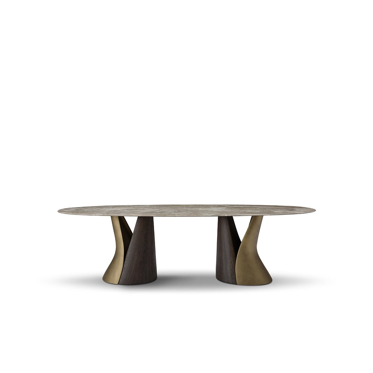 Fervel Oval Brown Marble Dining Table with Brass & Elm Pedestals, Maison Debrah, , ,