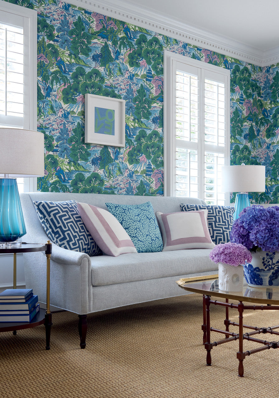 Pagoda Trees Wallpaper, Cocolea Natty & Polly, Lavender / Blue, Per roll (68.6 cm × 8.23 m),