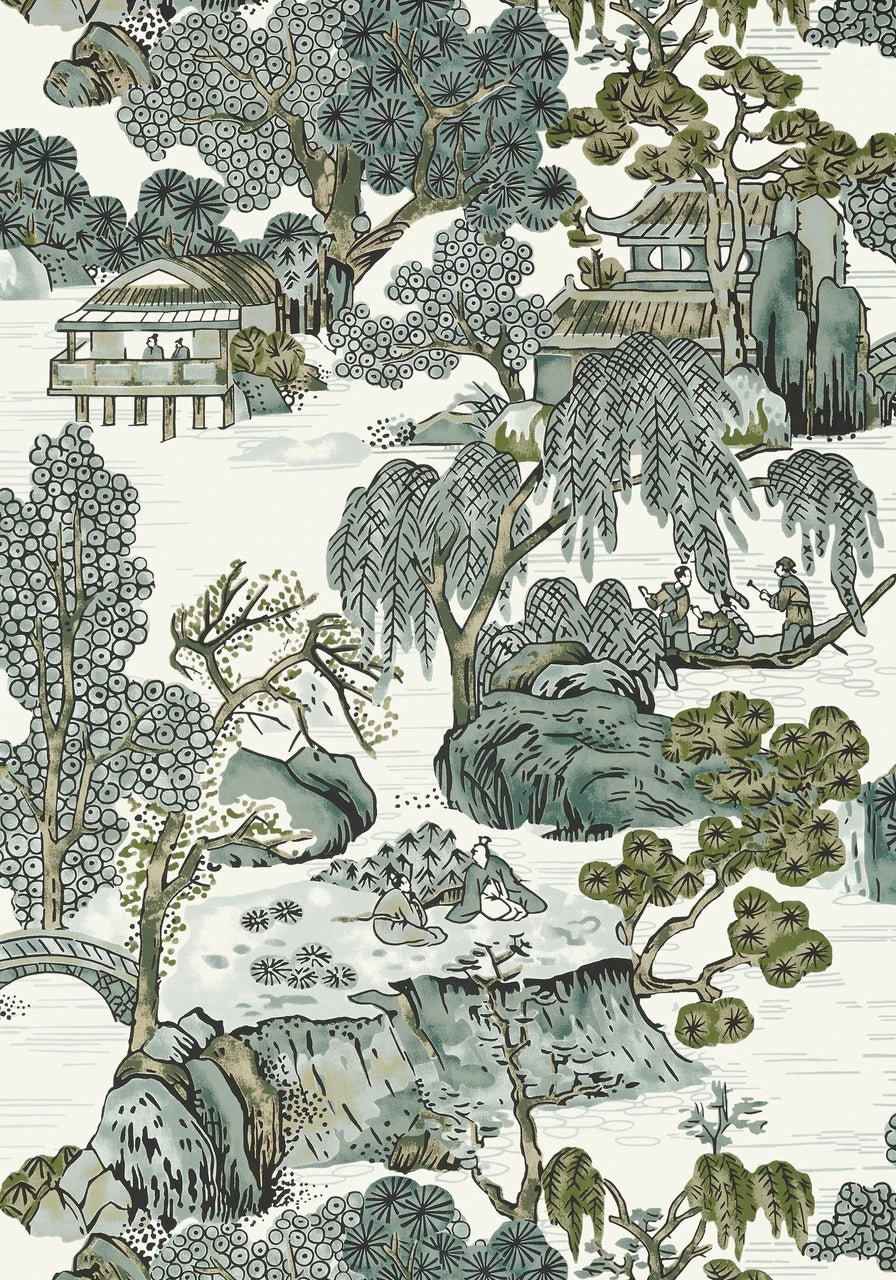 Asian Scenic wallpaper in Grey by Natty & Polly, close-up of the pattern and texture