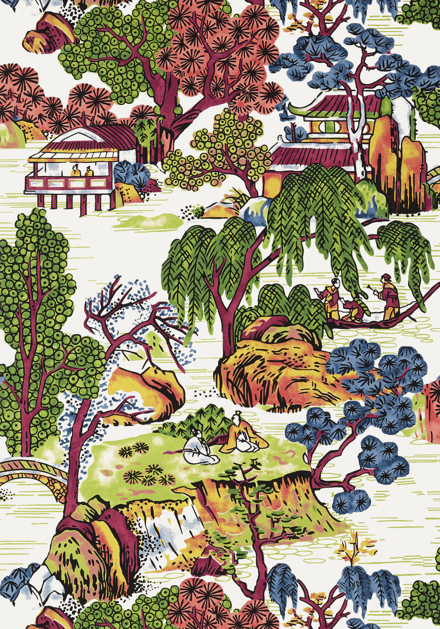Asian Scenic wallpaper in Coral / Green by Natty & Polly, close-up of the pattern and texture