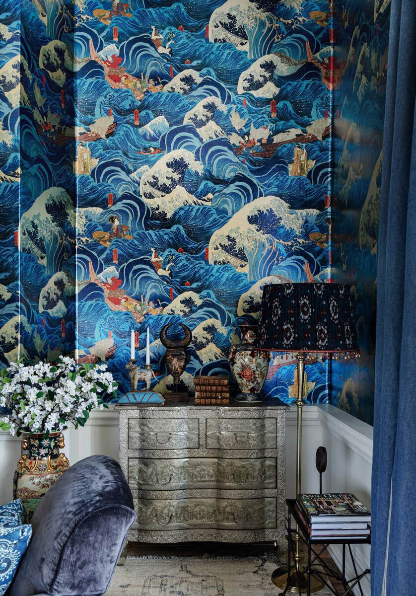 The Former Emperor wallpaper in Blue by Natty & Polly, styled in an interior