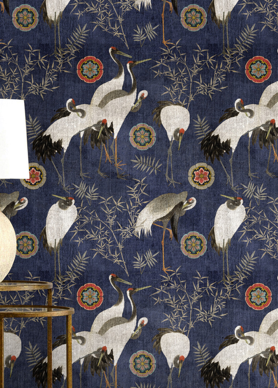 Tsuru wallpaper in Indigo Blue by Natty & Polly, full pattern view