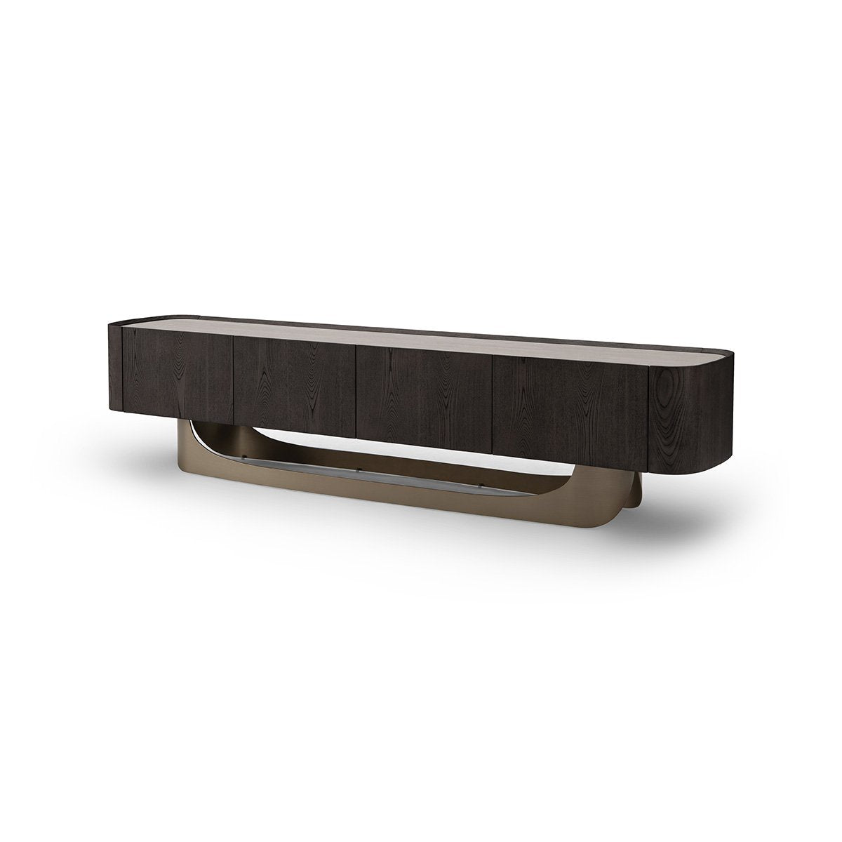 Maison Debrah Valenza low TV unit with ceramic top, dark grey elm veneer body and brass legs — view 2
