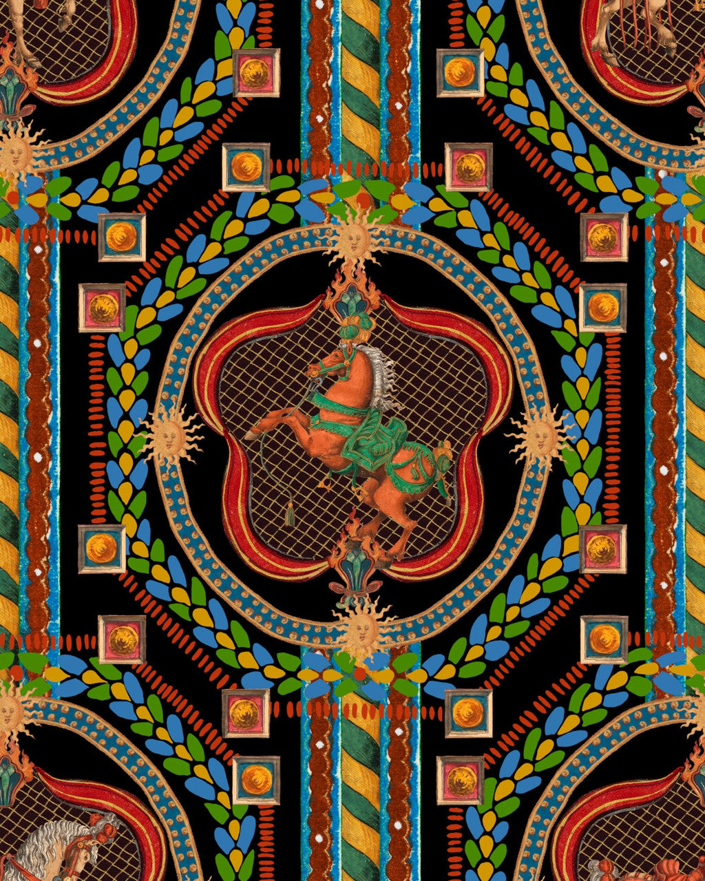 Venetian Ornament wallpaper in Anthracite Multi by Natty & Polly, full pattern view