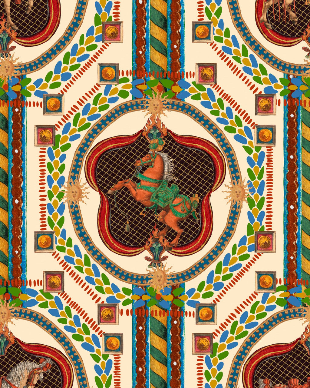 Venetian Ornament wallpaper in Ivory Multi by Natty & Polly, full pattern view