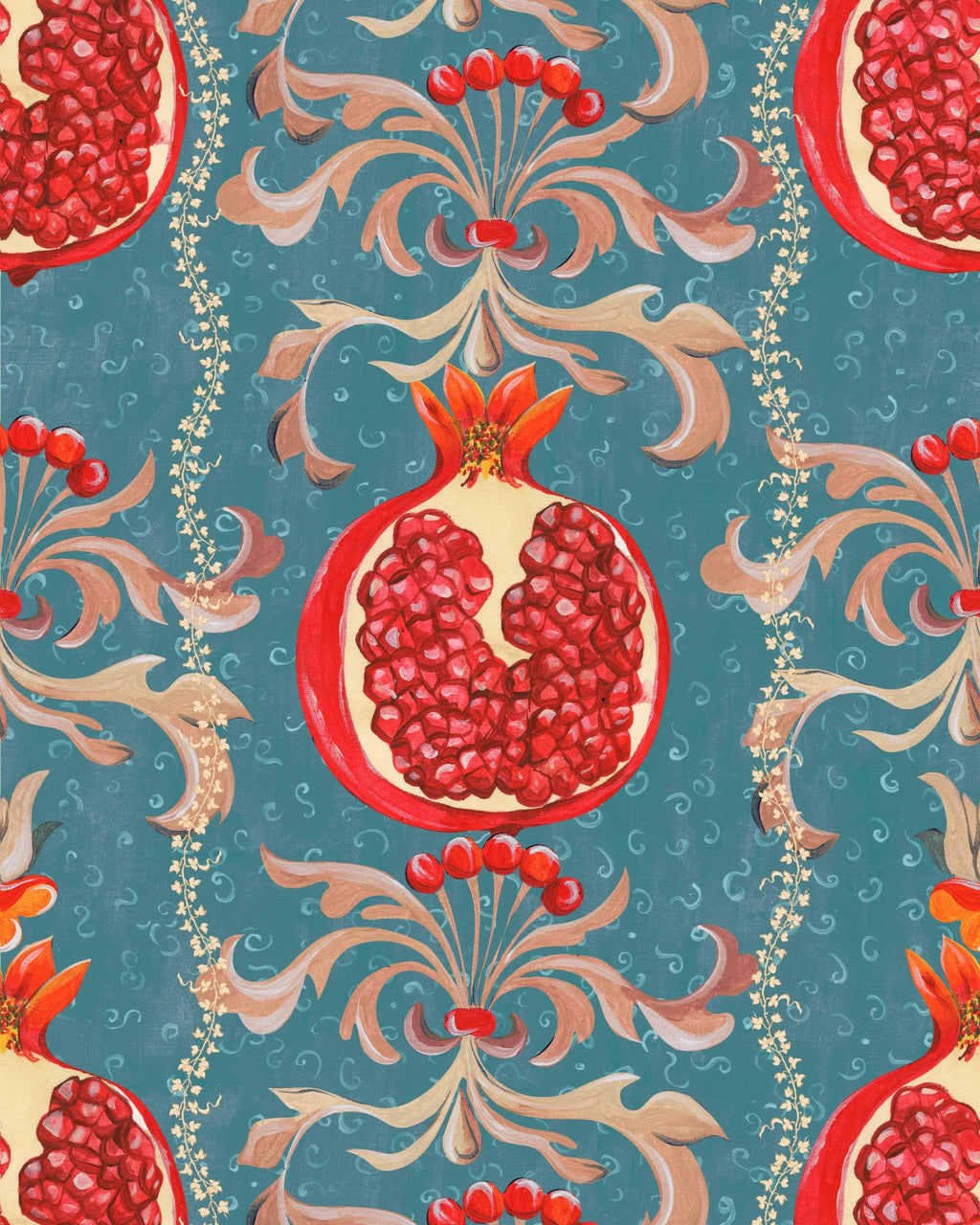 Melagranata wallpaper in Blue / Red by Natty & Polly, close-up of the pattern and texture