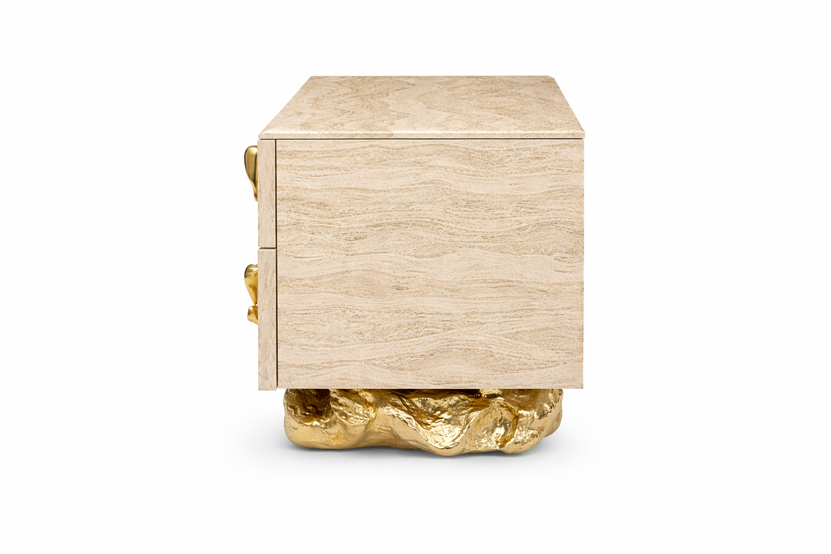Incanto Travertine Veneer Luxury Bedside Table with Gold Leaf Detail | Designer Stone Nightstand