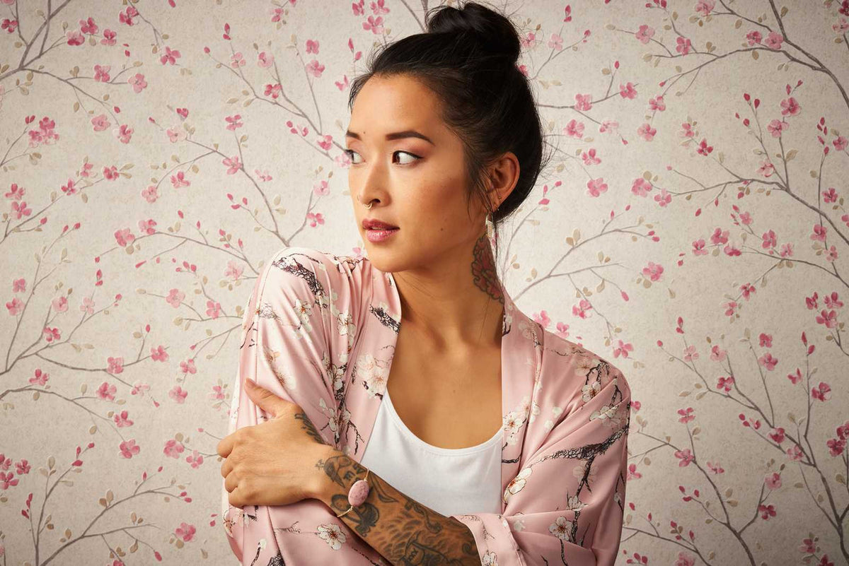 Cherry Tree wallpaper in White / Pink by Natty & Polly, full pattern view