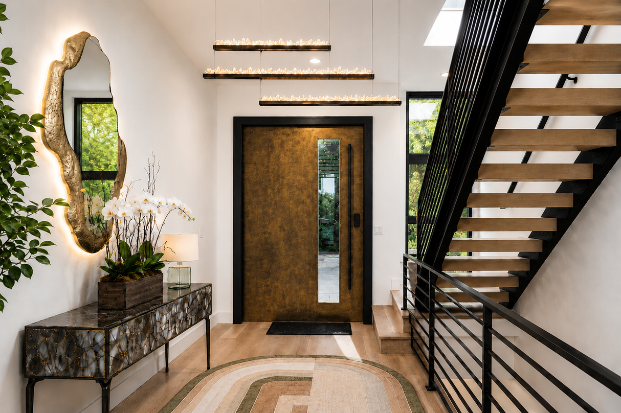 Morphea Halo LED Mirror | Organic Backlit Entry Mirror in Aged Patina Brass |