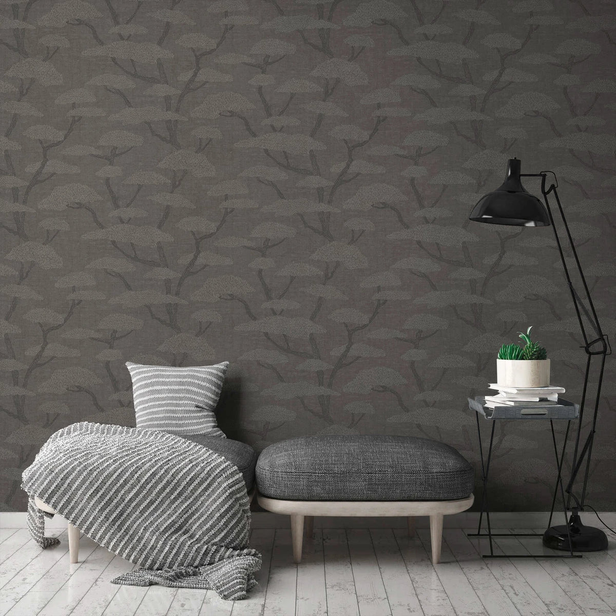 Chinoiserie Tree wallpaper in Charcoal by Natty & Polly, full pattern view
