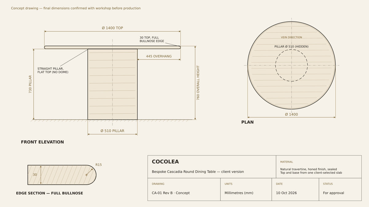 Cascadia Bullnose 140 cm round travertine dining table dimensions drawing