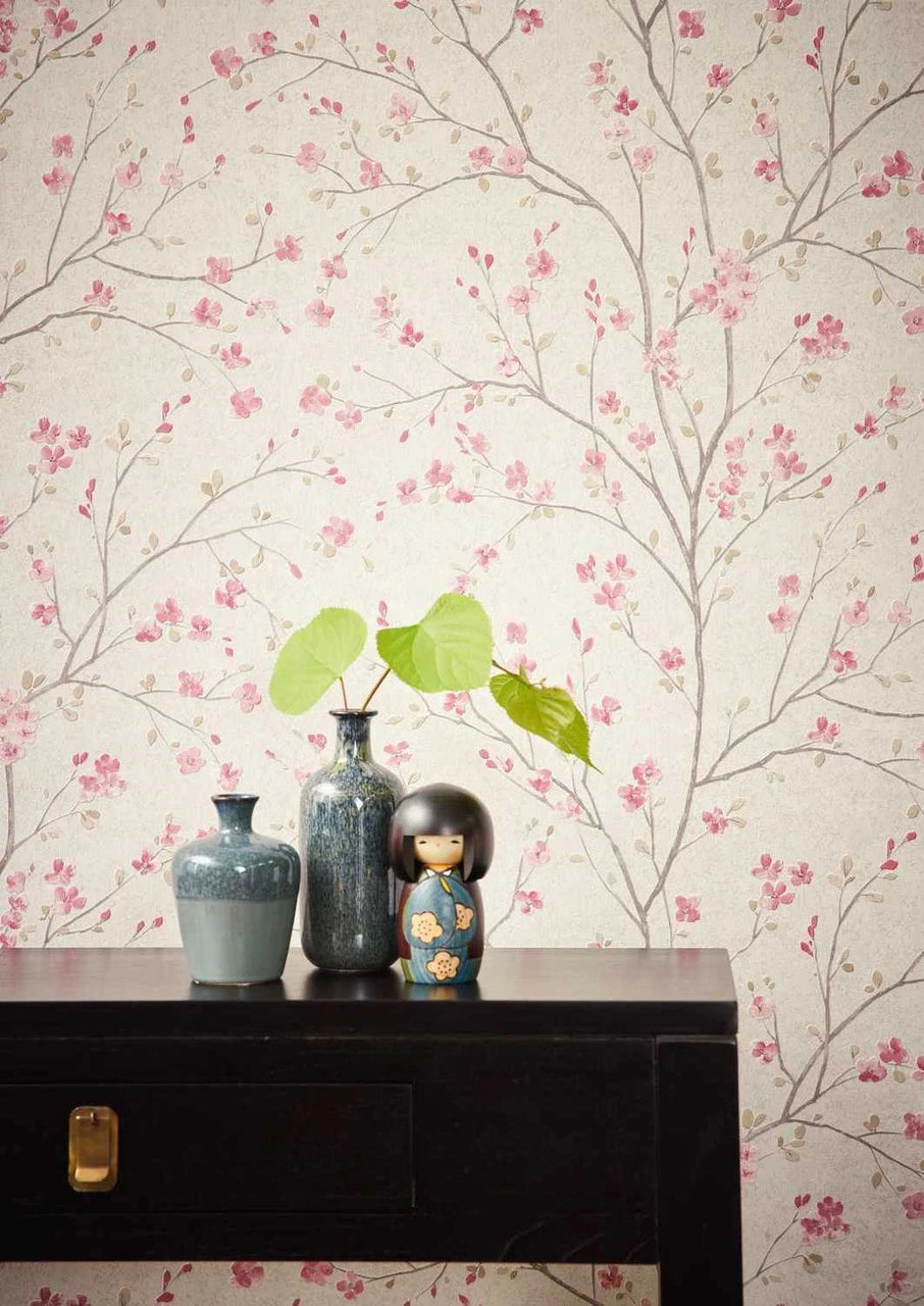 Cherry Tree wallpaper in White / Pink by Natty & Polly, full pattern view
