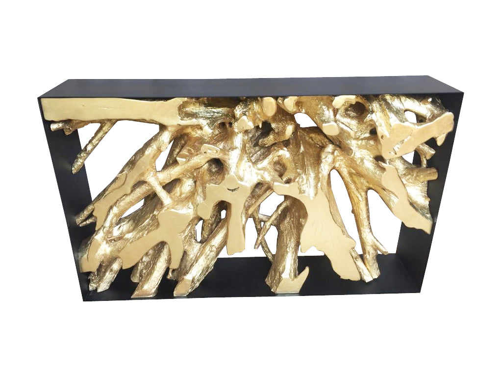 Aurum Gold Leaf and Teak Wood Console, Cocolea, , ,