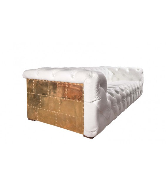 Regal Aviator Spitfire Polished Brass and White Leather Chesterfield Lounge - 3 seat, Cocolea, , ,