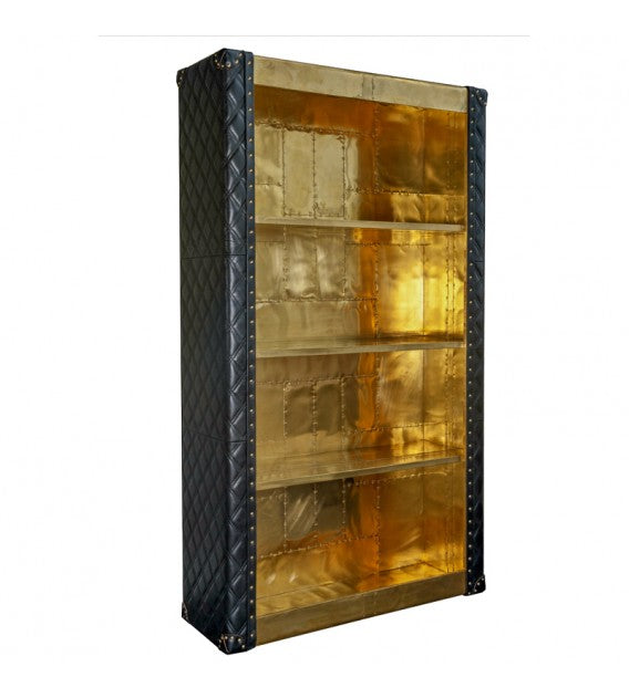 Piper Aztec Polished Brass and Black Leather Bookshelf, Cocolea, , ,