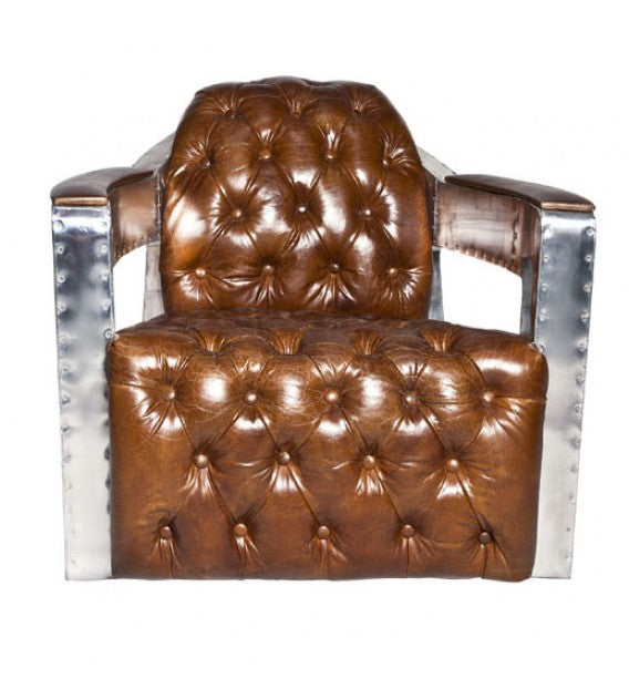 Regal Aviator Spitfire Aluminium and Brown Leather Chesterfield Club Armchair, Cocolea, , ,