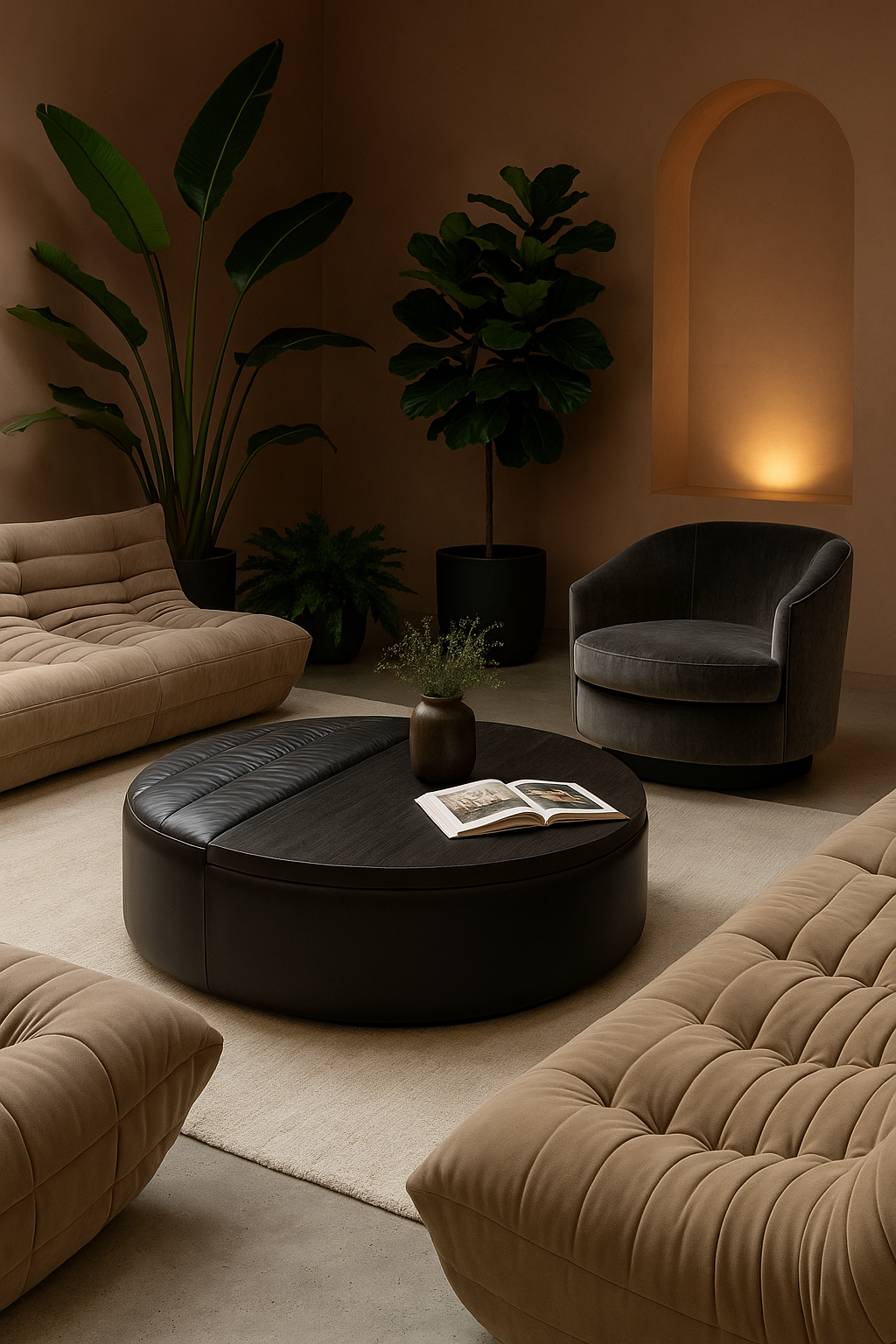 Mara Round Coffee Table — Charred Wood & Brazilian Aged Leather Finish, Cocolea, , ,