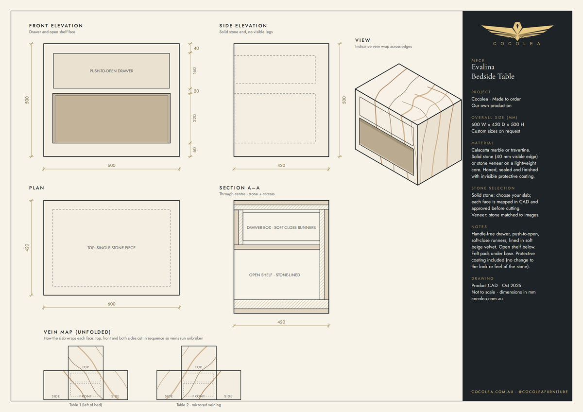 Evalina bedside table CAD drawing with dimensions 600 W x 420 D x 500 H mm