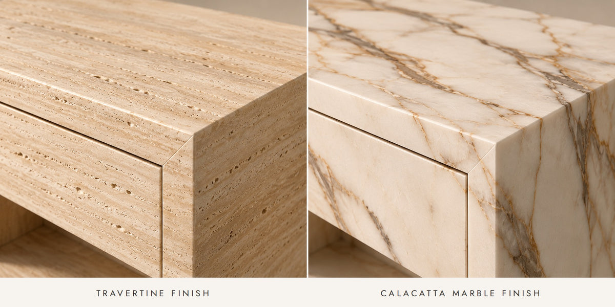 Travertine and Calacatta marble finish close-up on the Evalina bedside table