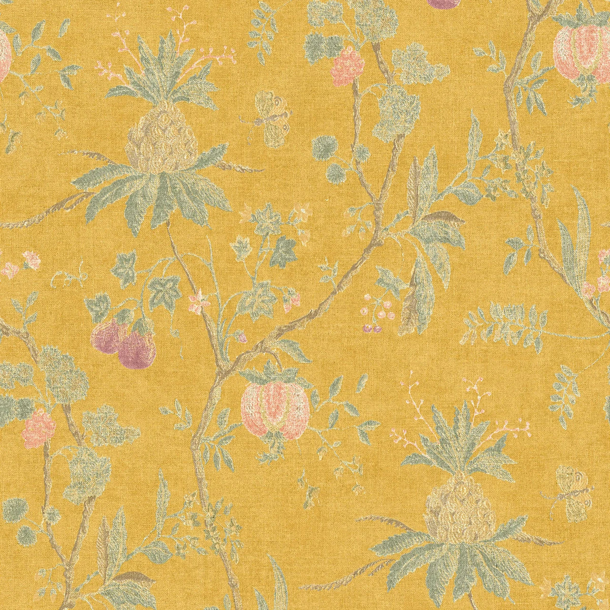 Baum wallpaper in Vintage Yellow by Natty & Polly, full pattern view