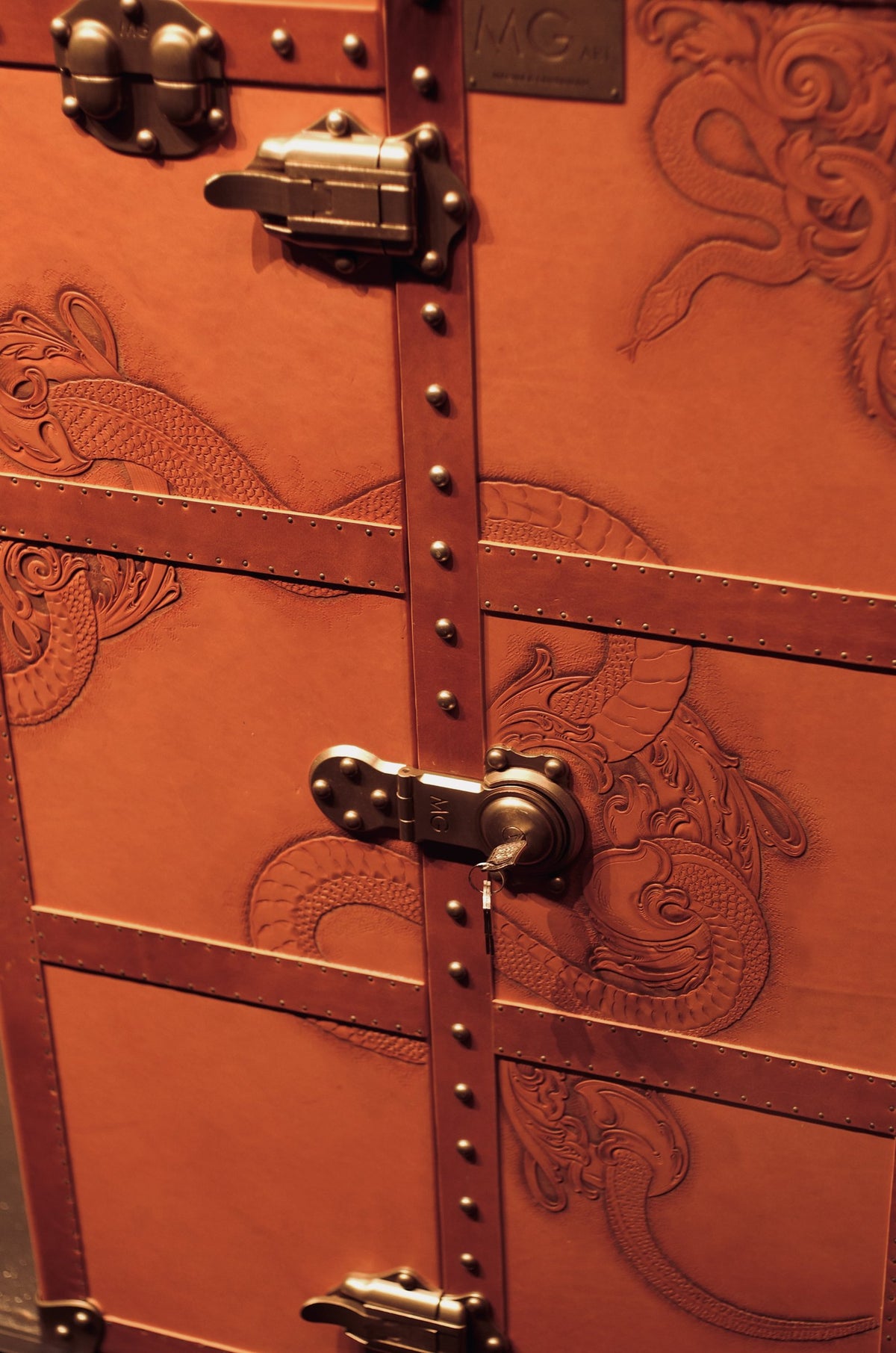 MG Serpent Carved Leather Wardrobe Trunk by Gordon Gu, MG Art collection at Cocolea