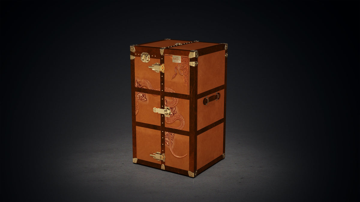 MG Serpent Carved Leather Wardrobe Trunk by Gordon Gu, MG Art collection at Cocolea