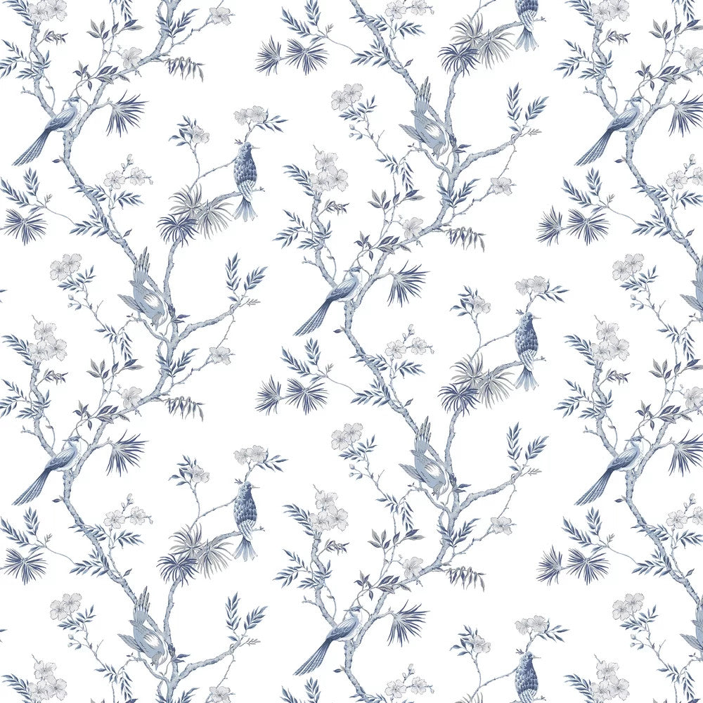 Classic Bird Trail Wallpaper in Navy & White, Cocolea Natty & Polly, , ,