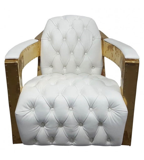 Regal Aviator Spitfire Polished Brass and White Leather Chesterfield Club Armchair, Cocolea, , ,