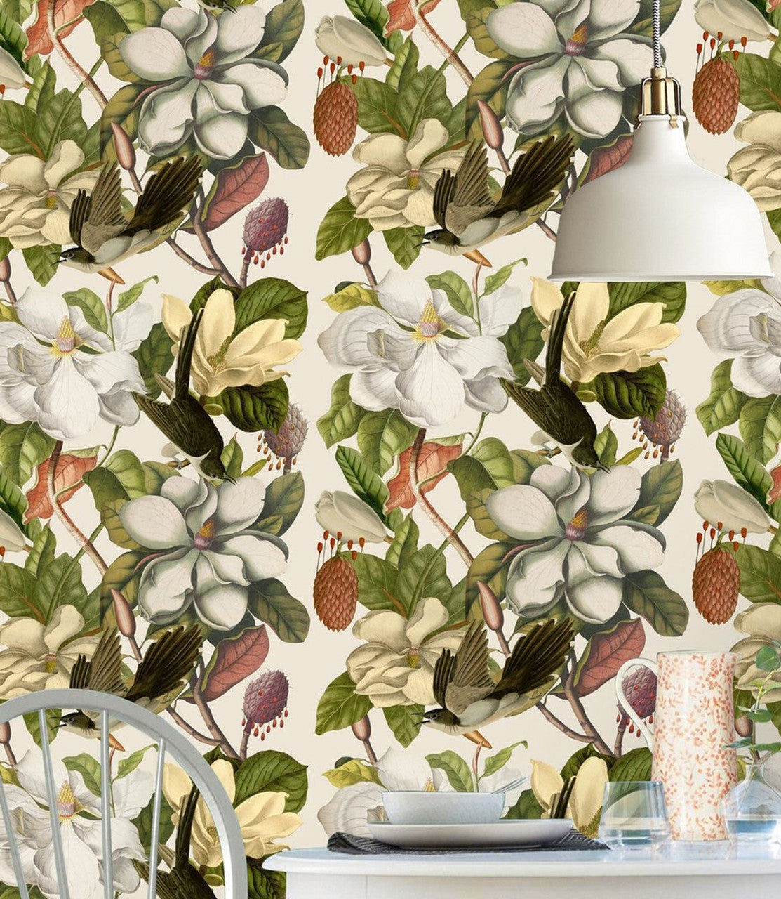 Magnolia wallpaper in Taupe by Natty & Polly, styled in an interior