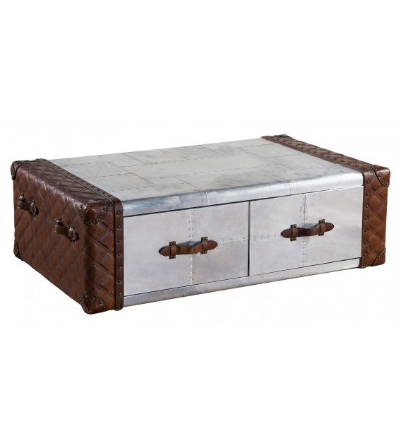 Piper Aztec Aluminium and Brown Leather Coffee Trunk Table, Cocolea, , ,