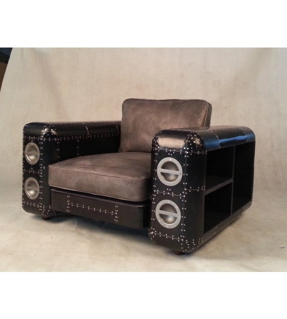 Maverick Brass Armchair with vintage leather and inbuilt book-shelving, Cocolea, , ,