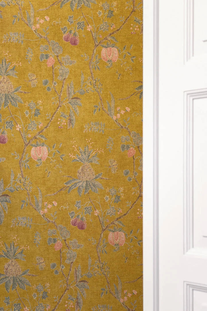 Baum wallpaper in Vintage Yellow by Natty & Polly, styled in an interior