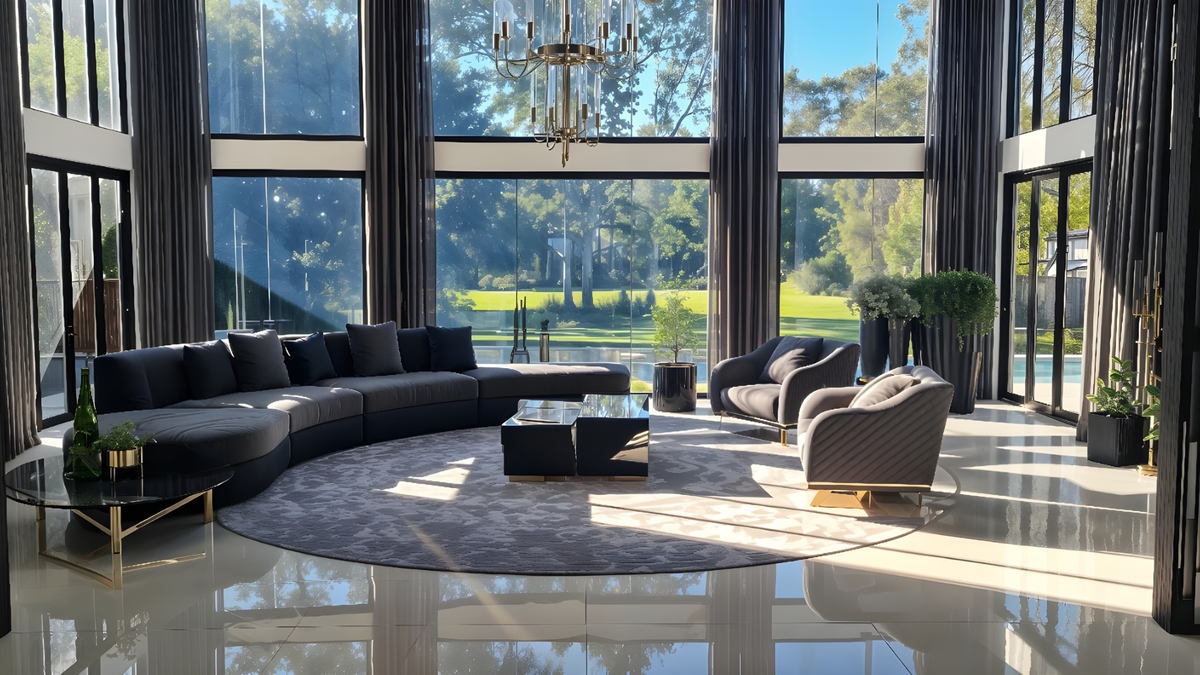 Luxury living room with a curved sofa, sculptural coffee tables and floor-to-ceiling windows