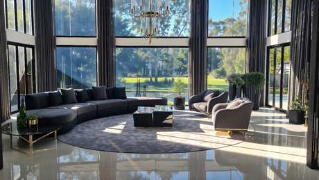 Luxury living room with a curved sofa, sculptural coffee tables and floor-to-ceiling windows